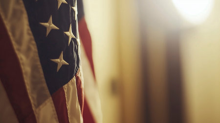 American flag in the hotel room. Abstract blurred background with bokeh effect