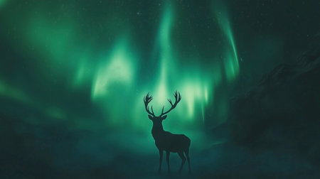 Aurora borealis, green northern lights and silhouette of a deerの写真素材