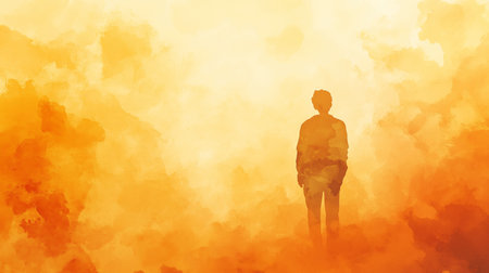 Silhouette of a man standing in the middle of an orange watercolor backgroundの写真素材