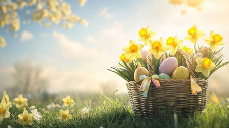 Basket with easter eggs and daffodils on green grassの写真素材