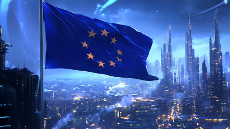 Flag of the European Union on the background of the modern city, 3D renderingの写真素材