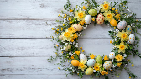 Easter wreath with yellow daffodils and eggs on white wooden backgroundの写真素材