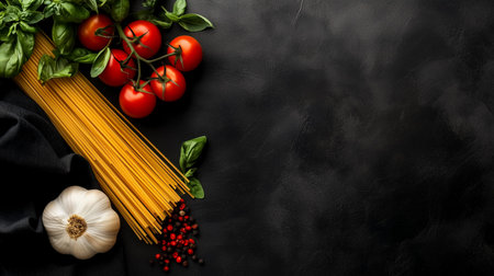 Top view of ingredients for cooking pasta on black background with copy spaceの写真素材