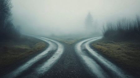 Foggy road in the countryside in the morning. Long exposure