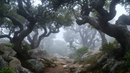 Foggy forest in the Sierra de Guadarrama National Park, Madrid, Spainの写真素材