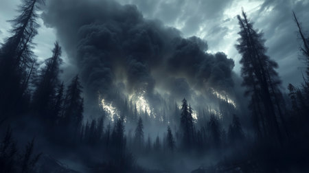 Silhouette of trees in the forest with smoke rising from a forest fireの写真素材