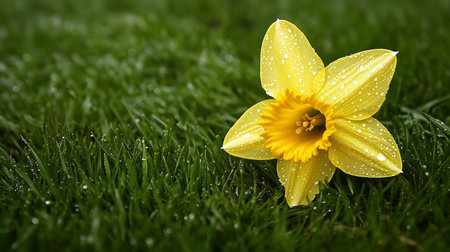 Yellow daffodil with water drops on green grass background.の写真素材