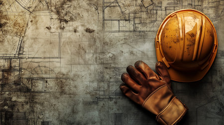 Hard hat and gloves on blueprint background. Engineering and construction concept.