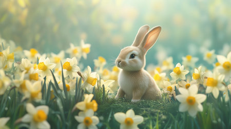 Cute easter bunny and daffodils in spring garden