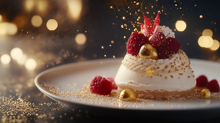 Panna cotta dessert with raspberries and golden sprinklesの写真素材