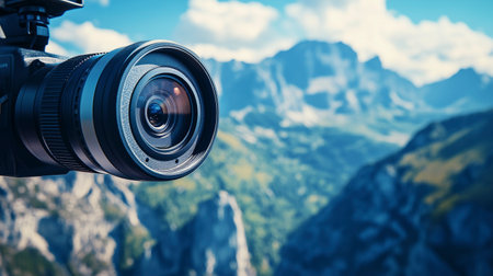 Professional camera on a tripod on the background of a mountain landscape.の写真素材