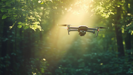 Drone flying in the forest at sunset. Drone flying in the forest.の写真素材