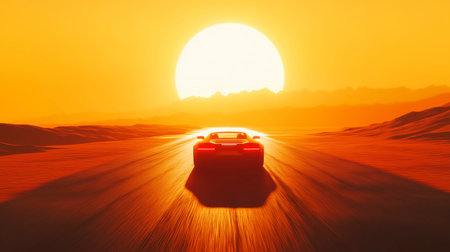 3d illustration of a red car driving through the desert at sunsetの写真素材
