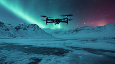 Digital composite of aurora borealis with quadcopter in winter landscapeの写真素材