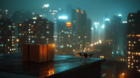 Drone flying over the city at night. 3D rendering.の写真素材