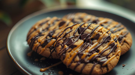 Chocolate chip cookies with chocolate sauce on a plate. Selective focus.の写真素材
