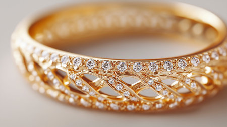 Gold bracelet with diamonds on a white background, close-up.