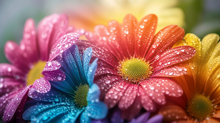 Close up of colorful daisy flowers with water droplets on petalsの写真素材