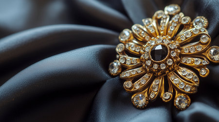 Jewelry brooch on black satin background, closeupの写真素材