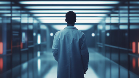 Back view of man looking at camera in corridor of hospital. Mixed mediaの写真素材