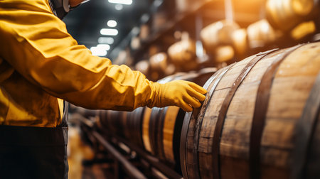 Wine production, winery, production, technology and people concept - close up of male sommelier in uniform checking wine barrels in winery cellarの写真素材