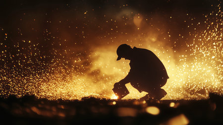 Silhouette of a worker cutting metal with sparks on a dark background