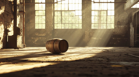 Wooden barrel in an abandoned factory. 3d rendering toned imageの写真素材