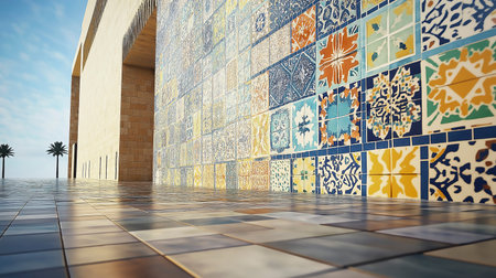 Tiled wall with arabic ornaments. 3d render
