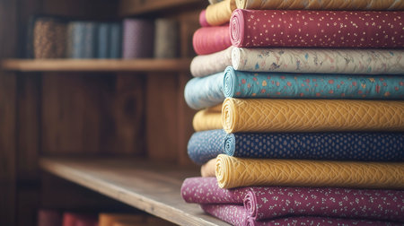 Rolls of colorful fabric on shelves in textile shop, closeup