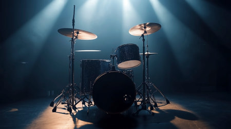 Single drum set highlighted in a spotlight against a dark stage, capturing the essence of live music...
