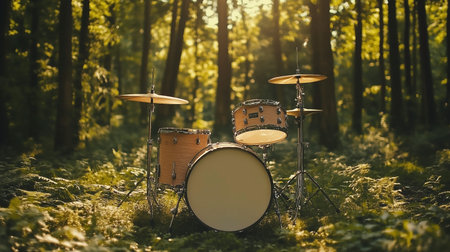 A natural forest scene with a wooden drum set placed among trees, blending music and nature in a...