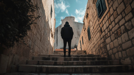 Silhouetted tourist standing in an ancient stone-paved alleyway, surrounded by historic architecture...