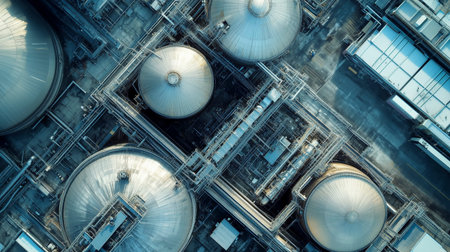 Aerial view of industrial structures with a network of pipes and domed rooftops, highlighting the...