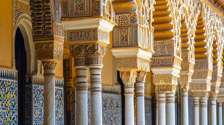 Close-up of cultural building columns and arches, emphasizing the carved details and traditional...