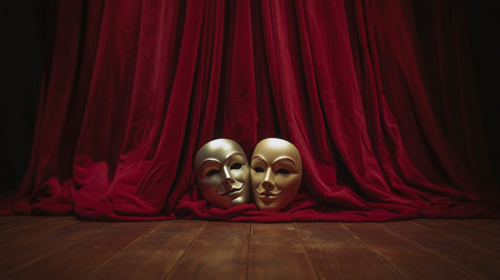 Golden drama masks placed on a wooden stage with red curtains, symbolizing theatrical art and performance.の写真素材