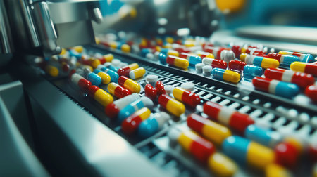 Close-up view of automated machines sorting capsules on a conveyor belt, representing pharmaceutical...