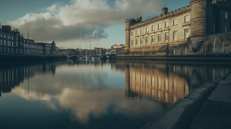 Dublin Castle in an overcast setting with calm waters reflecting its sturdy historic architecture, embodying timeless cultural heritage.の写真素材