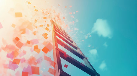 3d illustration of modern structure with flying colorful paper pieces.の写真素材