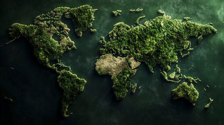 world map covered with green moss on dark background. 3d illustration