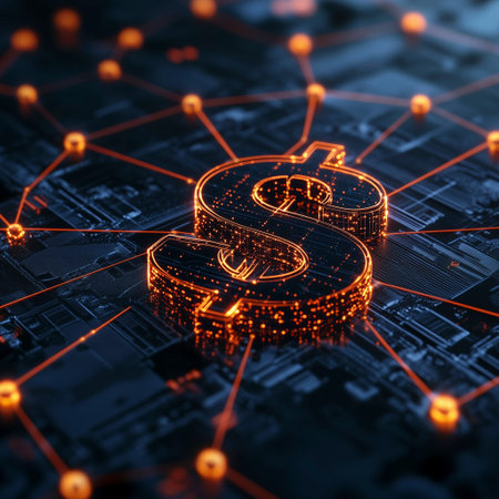3D rendering of S letter on circuit board background. Cryptocurrency and finance concept.