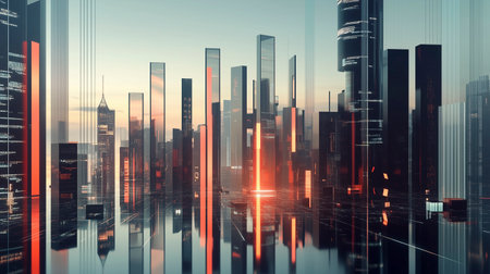 Futuristic cityscape with glowing skyscrapers. 3D Renderingの写真素材