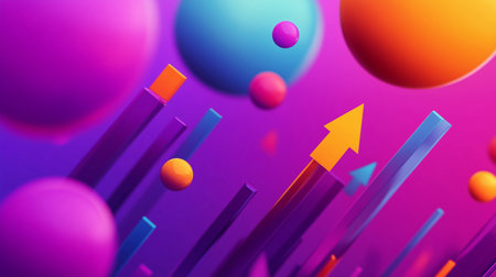 3d illustration of abstract geometric composition with colorful balls and arrow.