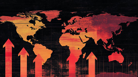 World map and red arrow graph on dark background. 3D renderingの写真素材
