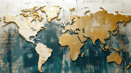 Grunge map of the world on old wooden wall with copy spaceの写真素材