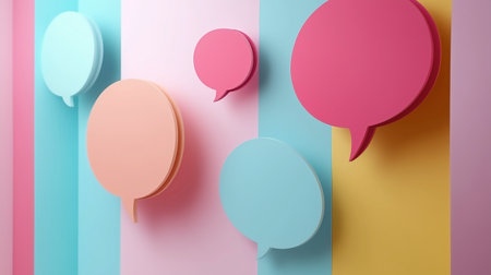 Brightly colored empty speech bubbles arranged on a gradient background, symbolizing communication, creativity, and vibrant conversations.の写真素材