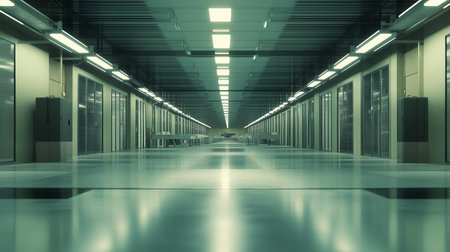 3d render of a corridor in an office building with lights and reflections