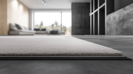 Detailed View of Carpet Layering Process with Foam and Textured Materials in a Modern Home Settingの写真素材
