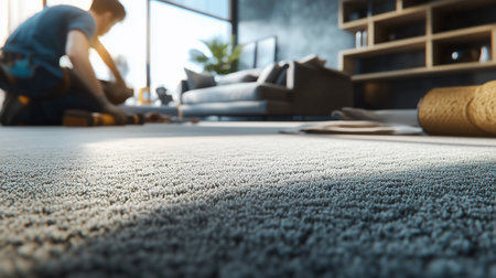 Modern Living Room with Soft Plush Carpet Creating a Comfortable and Elegant Spaceの写真素材