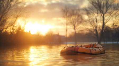Orange lifebuoy floating on the river at sunset. 3d render