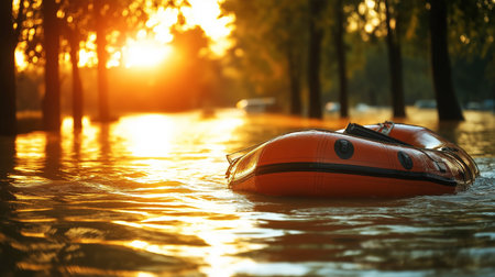 Orange inflatable boat floating on the water at sunset in the parkの写真素材